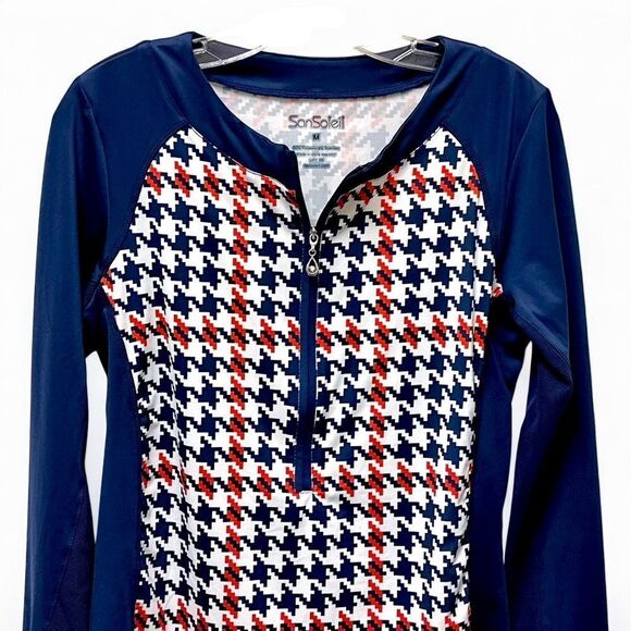 San Soleil Tops - Navy Houndstooth Zip Neck Athletic Top | Long Sleeve Performance Pullover